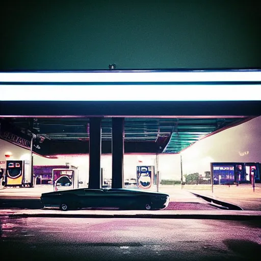 Prompt: “gas station photography, neon, heavy rain, cars, cyberpunk, various subjects, cinestill 800t, in the style of William eggleston”