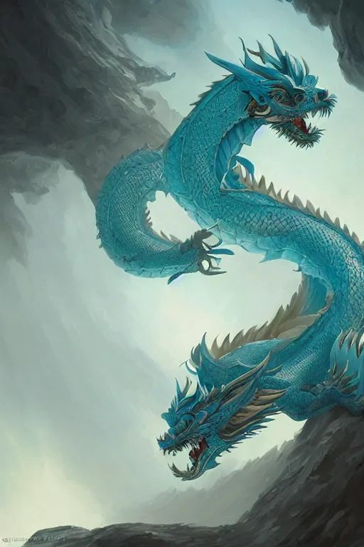 Prompt: cyan chinese dragon fantasy, intricate, elegant, highly detailed, digital painting, artstation, concept art, matte, sharp focus, illustration by greg rutkowski, john howe, zhang yu