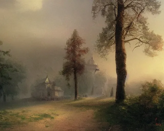 Prompt: beautiful matte painting of cute soviet block of flats hrushevka in end of forest by ivan aivazovsky,