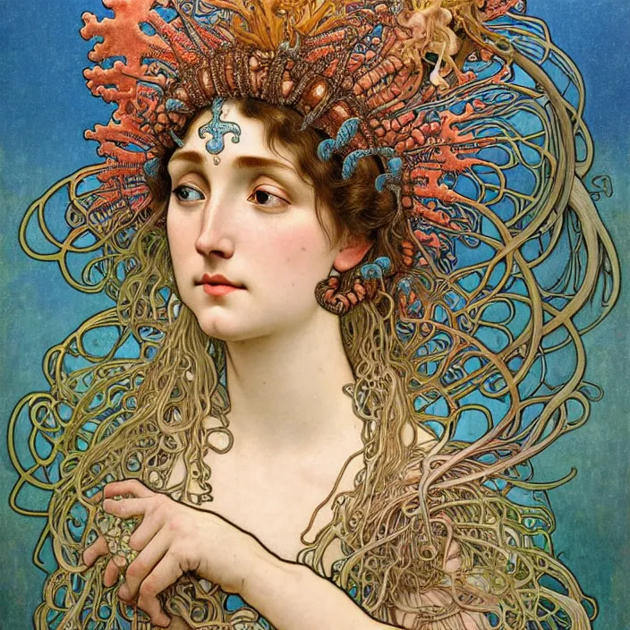 Prompt: realistic detailed face portrait of the goddess of the deep waters with an intricate headdress of corals, sea kelp, sea plants, fish, jellyfish, alphonse mucha, ernst haeckel, simon bisley, james jean, face in focus, art nouveau, neo - gothic, gothic, neoclassical,