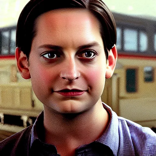 Image similar to photo of tobey maguire stopping a train