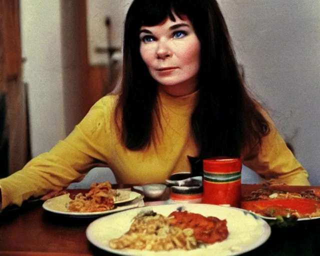 Prompt: 1 9 7 9 a soviet movie still a bjork sitting at a table with a plate of food in dark warm light, a character portrait by nadya rusheva, perfect symmetric coherent face, perfect symmetric eyes, featured on cg society, neo - fauvism, movie still, 8 k, fauvism, cinestill, bokeh, gelios lens