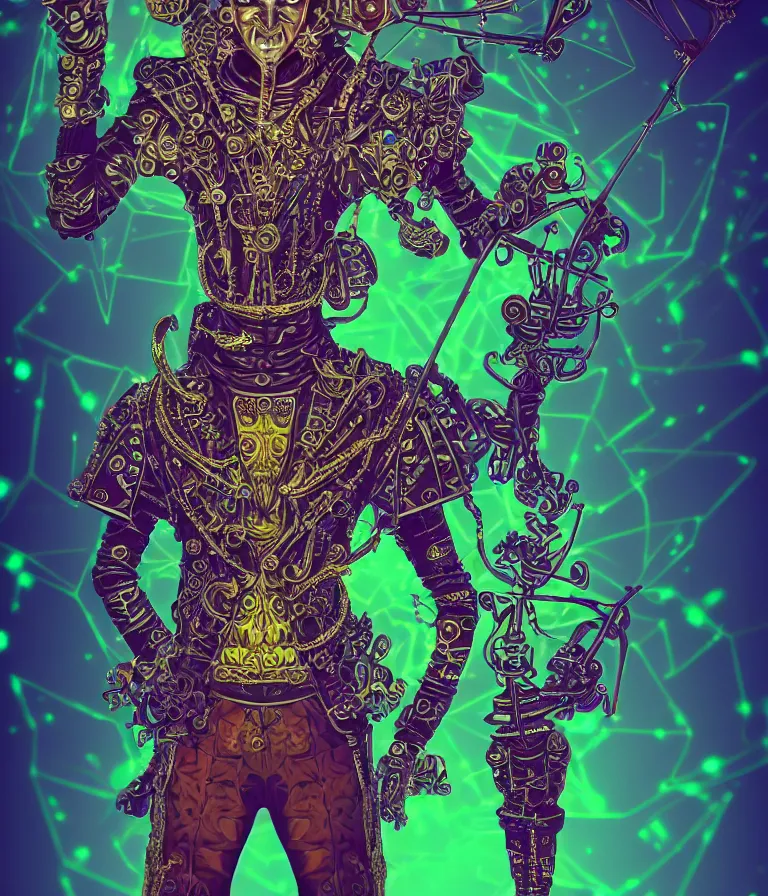 Image similar to front!!! shot of a court jester!!! character, hyperdimensional, (bioluminescent) hypercubes, dark holography!!!, ((sunset)) ((psychedelic)), chrome, mechanical, (((intricate))), elegant, highly detailed, centered, (((artstation, concept art, smooth, sharp focus, artgerm, Tomasz Alen Kopera, Peter Mohrbacher, donato giancola, Joseph Christian Leyendecker, WLOP, Boris Vallejo))), mugshot!!!!!, ugly!!!!!!, octane render, nvidia raytracing demo, octane render, nvidia raytracing demo, octane render, nvidia raytracing demo, grainy, muted, 8K, digitalblasphemy, metatron