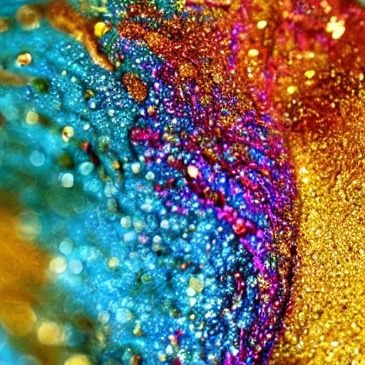 Image similar to a wet swirling mixture of gold paint and very colorful colored pigment particles glitter suspended in a turbulent liquid, captured in slow motion, crystal clear focus, macro photography lens closeup, slow-motion pour, dumpedpaint glittery, shimmering, speculars