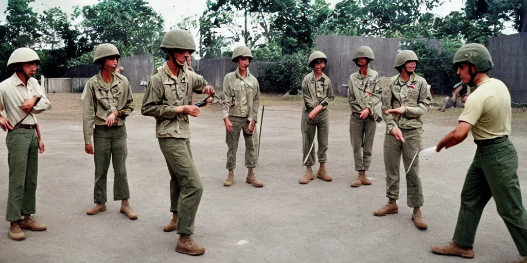 Image similar to u. s. soldiers in vietnam war, u. s. soldiers playing ping - pong on the base, portrait closeup, face closeup, coloured film photography, ken burns photography, lynn novick photography