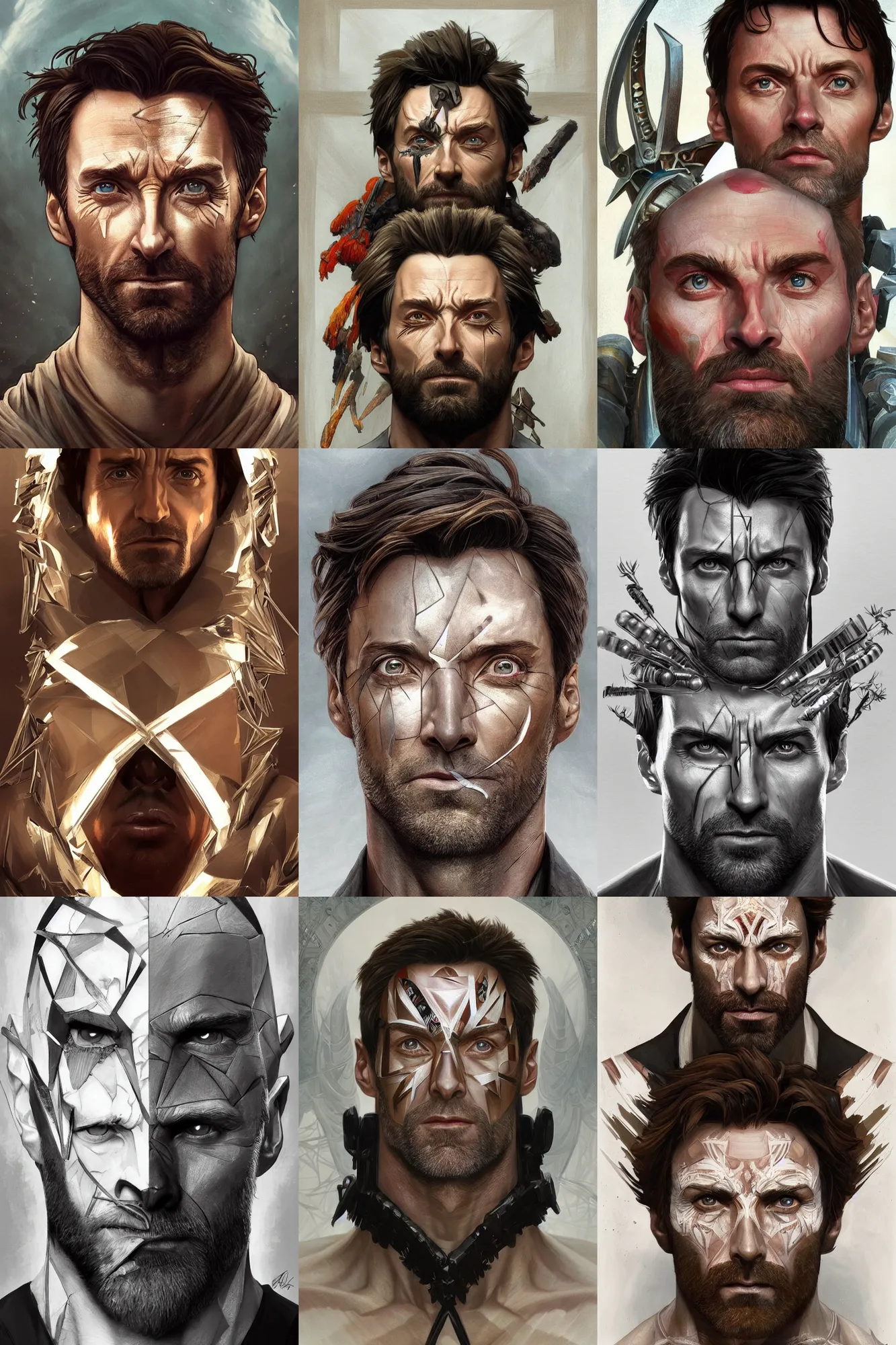 Image similar to symmetry!! portrait of hugh jackman in the boys in the style of god of war, machine parts embedded into face, intricate, elegant, highly detailed, digital painting, artstation, concept art, smooth, sharp focus, illustration, art by artgerm and greg rutkowski and alphonse mucha, 8 k