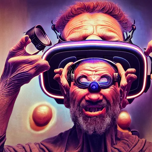 Image similar to Colour Photography of 1000 years old man with highly detailed 1000 years old face wearing higly detailed cyberpunk VR Headset designed by Josan Gonzalez Many details. Man raging screaming . In style of Josan Gonzalez and Mike Winkelmann andgreg rutkowski and alphonse muchaand Caspar David Friedrich and Stephen Hickman and James Gurney and Hiromasa Ogura. Rendered in Blender