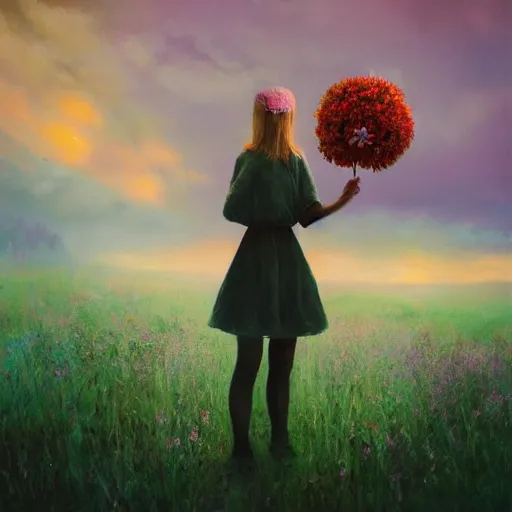 Image similar to girl with a singular flower for a head, surreal photography, dream, standing in flower field, magical, in a valley, sunrise dramatic light, impressionist painting, colorful clouds, artstation, simon stalenhag, flower face