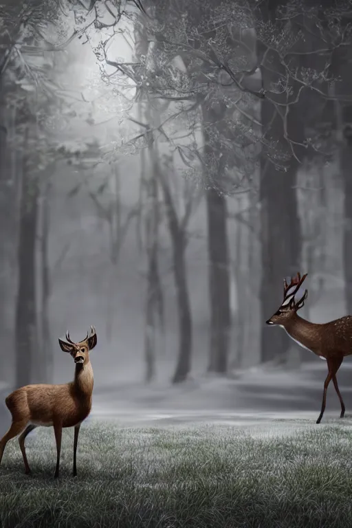 Image similar to a deer wearing a white formal coat conversing with a crow wearing a red formal coat, hyperrealistic, concept art, octane render, unreal engine 5, trending on DeviantArt, highly detailed, high quality, 8K, soft lighting, cute, natural lighting, realistic face, trending on Artstation, elegant clothes, profile picture, path traced, house background