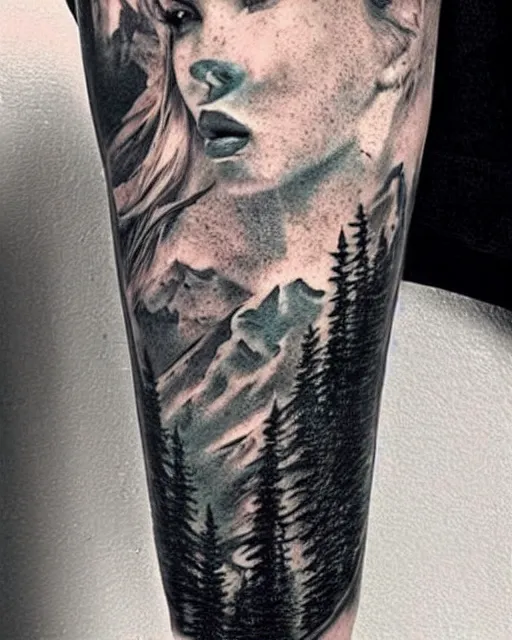 Image similar to double exposure effect tattoo design sketch of megan fox with amazing mountain scenery, realism tattoo, in the style of den yakovlev, amazing detail, sharp