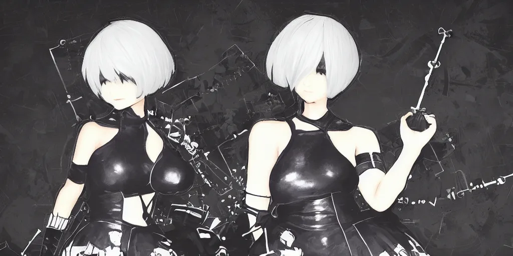 Image similar to 2b from nier automata in lo-fi hip hop beats, highly detailed