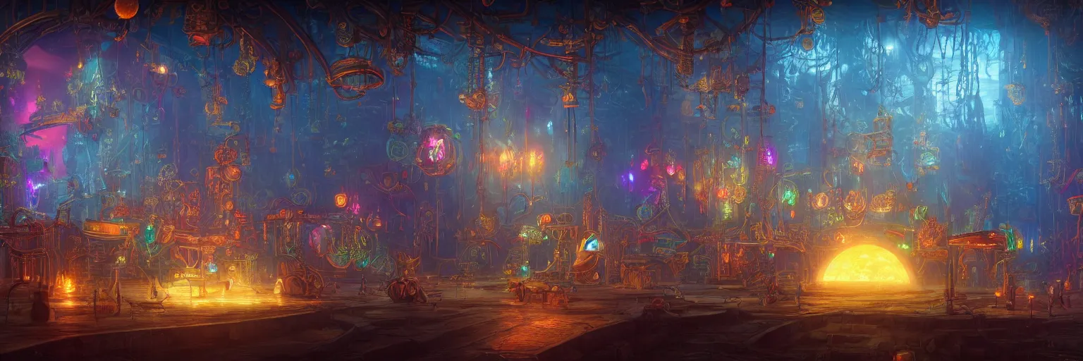 Image similar to tapestries of dreams, ultra detailed, beautiful fantasy planet scene, neon signs, atmospheric lighting, dramatic, cinematic, steampunk, moody, characters from machinarium, by don bluth, trending on artstation, 8 k, hd, octane render