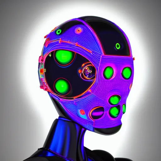 Image similar to a glossy claymodel of a futuristic robot head, top of the head is made of gears and multicolored glowing tubes, glowing digital eyes, 8 k, front shot, symetrical, flourescent colors, halluzinogenic, multicolored, insanely detailed, 3 d render, octane