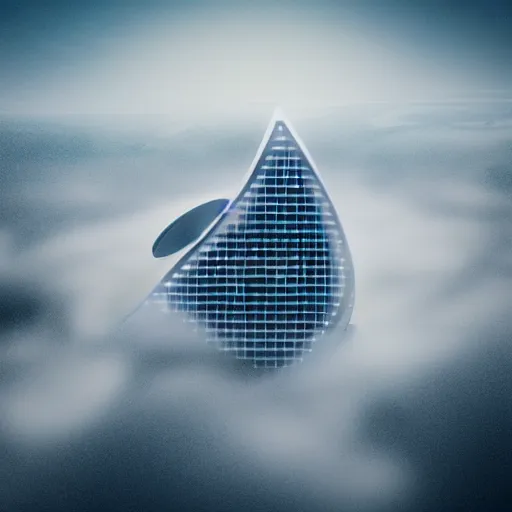 Image similar to An aerial photograph of a building shaped like a music note. The building is on top of a misty hill, synthwave style, octane render, unreal engine, 4K, digital art