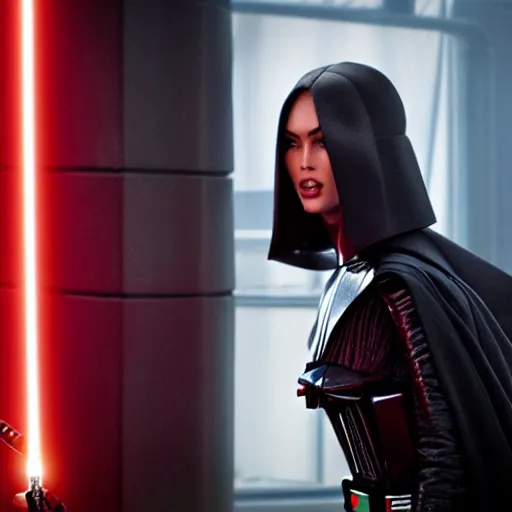 Image similar to first shot of megan fox fighting darth vader in star wars reboot, ( eos 5 ds r, iso 1 0 0, f / 8, 1 / 1 2 5, 8 4 mm, postprocessed, crisp face, facial features )