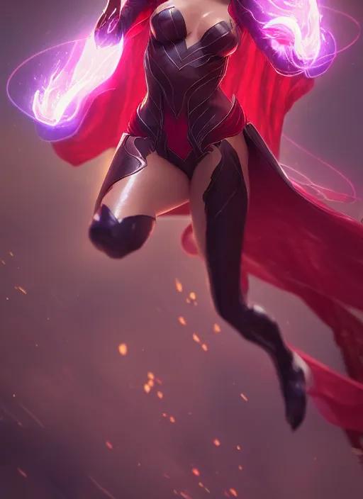 Image similar to scarlet witch in league of legends, au naturel, hyper detailed, digital art, trending in artstation, cinematic lighting, studio quality, smooth render, unreal engine 5 rendered, octane rendered, art style by klimt and nixeu and ian sprigger and wlop and krenz cushart.