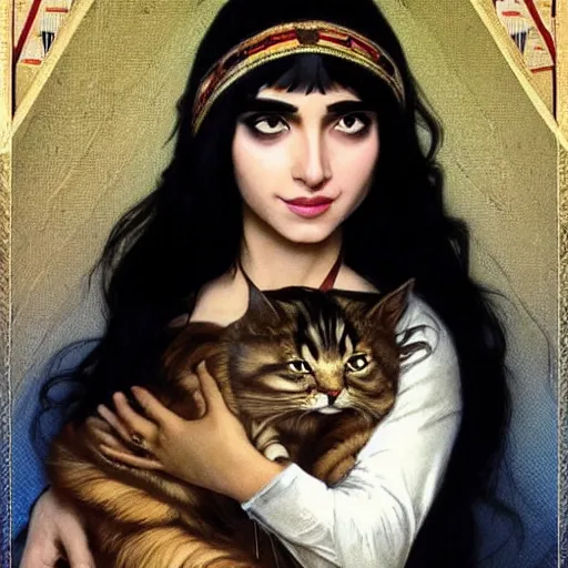 Image similar to cute emo egyptian woman, with long dark hair, thick eyebrows!!! dark eyes and dark circles!, wide nose!!!, big eyes, oval face shape, big cheeks!, she is holding a cat in her arms, by juan villafuerte, greg rutkowski and alphonse mucha, pexels contest winner, high quality photo, hd rtx