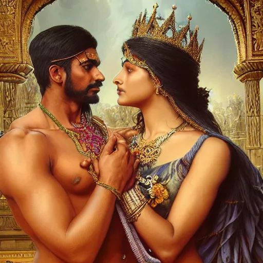 Prompt: portrait painting of dark muscular indian king and queen kissing, ultra realistic, concept art, intricate details, eerie, highly detailed, photorealistic, octane render, 8 k, unreal engine. art by artgerm and greg rutkowski and alphonse mucha