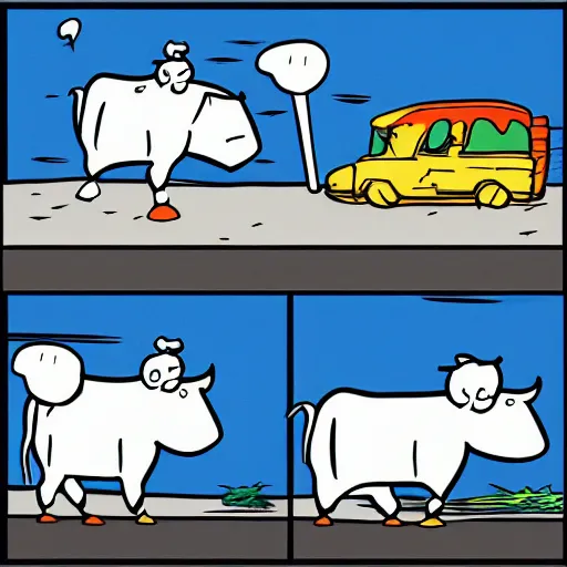 Image similar to cow driving a car, comics style, 4 k