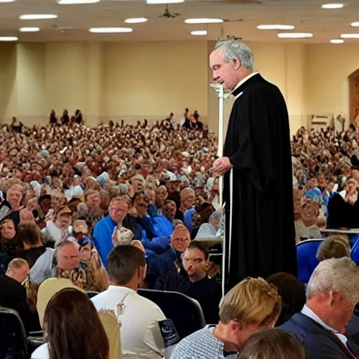 Prompt: jeffery epstein, dressed up as catholic priest, speaking to a congregation, 8 k, realistic.