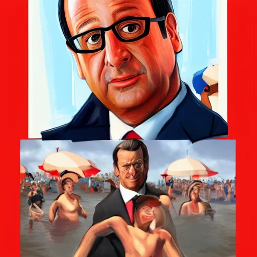 Prompt: a selfie of François Hollande in the show Baywatch, highly detailed, digital painting, artstation, concept art, smooth, sharp focus, illustration, mustach