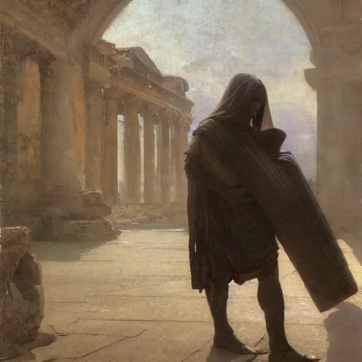 Image similar to half portait of magican wearing a closed cowl and carrying big old book! jeremy mann, jean leon gerome, tiepolo, alphonse mucha, greg rutkowski, face in the shadows, ( ( ruins of ancient rome ) ), at dusk, mysterious atmosphere, sunrays, dof, masterpiece, high detailed, 8 k