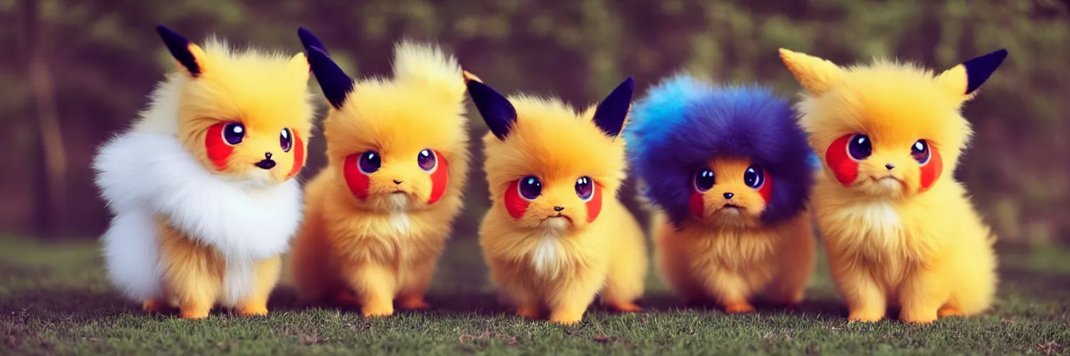 Image similar to real life pokemons, cute!!!, content!!!, mischievous!!!, adorable!!!, little furballs, fluffy!!!, ultra realistic!!!, golden hour, sharp focus