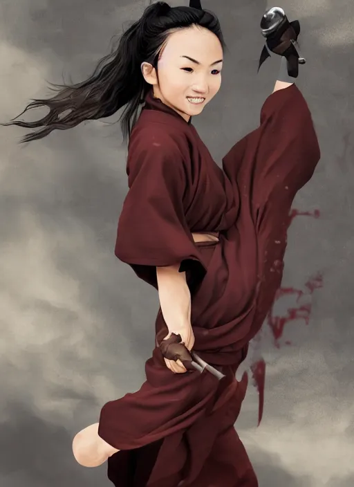 Image similar to portrait of a female drunken master monk exercising by wlop, wuxia, xianxia, drunken boxing, drunken fist, drunken master, dark olive skin, athletic, playful, beautiful, fully clothed, monk's robe, detailed, realistic, anatomically accurate, fantasy illustration, artstation, wlop, 4 k.