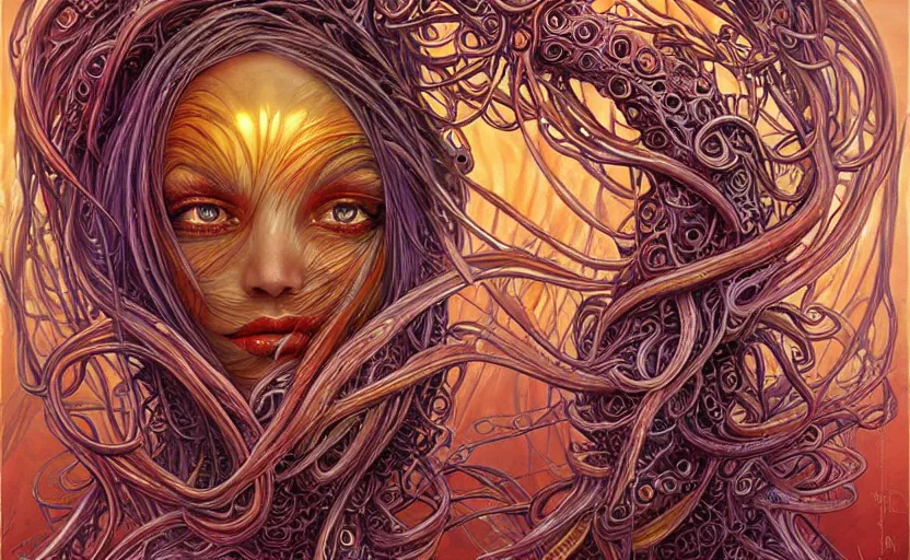 Image similar to beautiful psychedelic goddess enrobed in tentacles in the style of peter gric