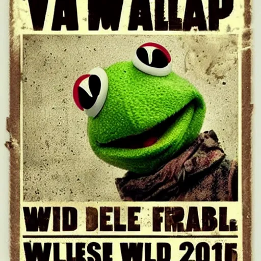 Image similar to a walking dead style poster of Kermit the frog, serious, black and white, dirtied with mud stains, looks like an old wild west wanted poster, realistic