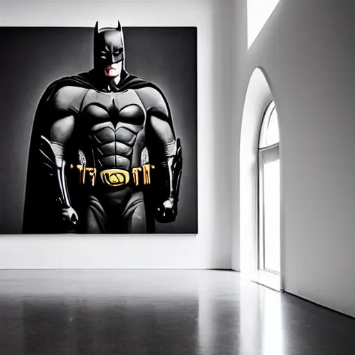 Image similar to Batman standing in giant Italian modern castle living room, clean minimalist design, that is 1300 feet tall, with very tall giant walls filled with modern art paintings, doors that are cosmic portals, photo by Annie Leibovitz