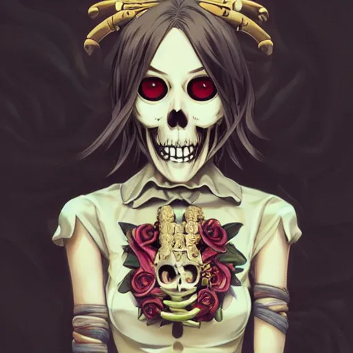 Prompt: anime manga skull portrait young woman skeleton, cuphead, unreal engine, intricate, elegant, highly detailed, digital art, art by JC Leyendecker and sachin teng