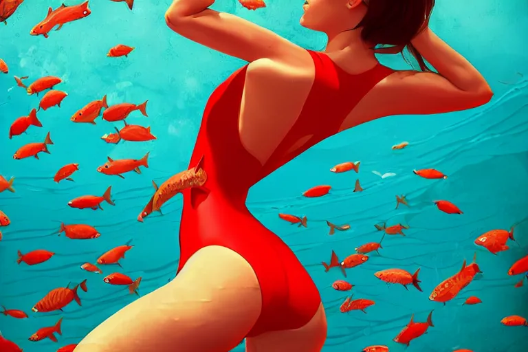 Image similar to fishes swim around woman in red swimsuit, highly detailed, smooth, sharp focus, concept art, illustration, beautiful, geometric, trending on artstation, cinematic, artwork by Swanland, Raymond