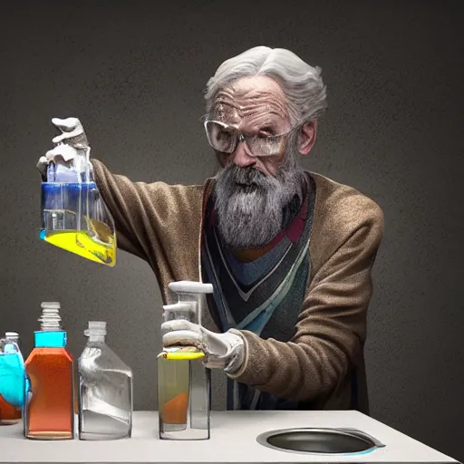 Image similar to an old wizard who is mixing bottles of colored liquids in laboratory, photorealistic, cinematic lighting, highly detailed