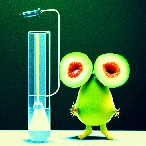 Image similar to a kiwifruit wearing a lab coat and goggles holding a test tube in a science lab, digital art, 8k, trending on artstation