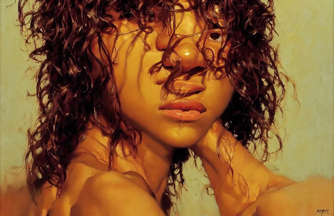 Image similar to portrait of zendaya!!!!!!!!!!!!!!!!!!!!!!!!!!!, detailed face, detailed painting,, epic lighting, by ilya repin, phil hale and kent williams