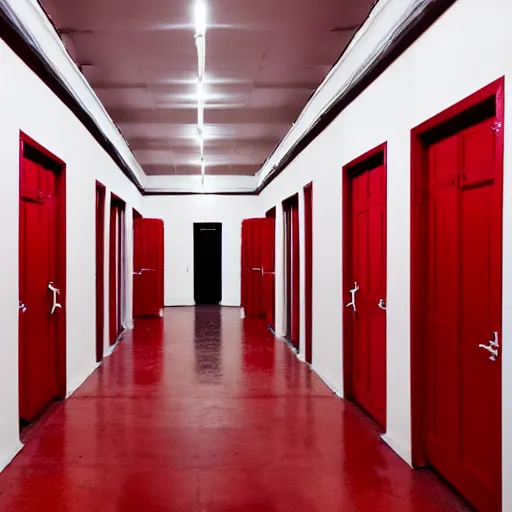 Image similar to a white room with multiple red doors, surreal, creepy, unsettling, liminal space,