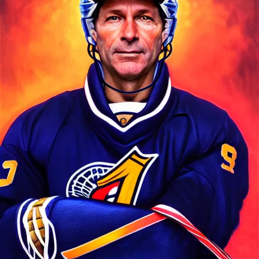 Image similar to beautiful portrait of hockey coach Clint Malarchuk, fantasy, intricate, elegant, highly detailed, digital painting, artstation, concept art, smooth, sharp focus, luxury fashion illustration, art by artgerm and greg rutkowski and alphonse mucha, brightly lit cinematic soft lighting, photorealistic