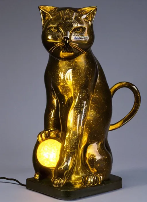 Image similar to a lamp in the shape of a cat with black accents designed by louis comfort tiffany