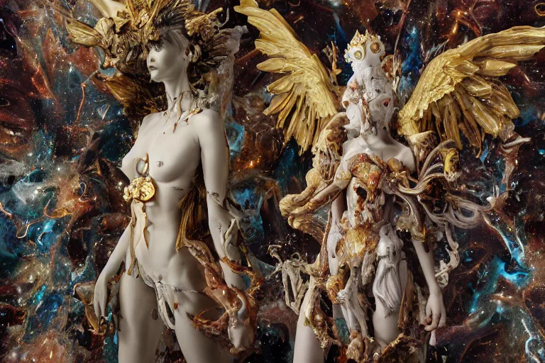 Prompt: Cinestill of A heartbreaking realistic 8k Bernini Sculpture of a stunning intricate cracked multicolored milky cosmic marble Evangelion Fallen Angel Devil Queen adorned in sentient mycelium mystical jewelry and ancient Empress crown and misty xparticles. by Yoshitaka Amano, Daytoner, Greg Tocchini, Scattered golden flakes, Hyperrealism. Subsurface scattering. Octane Render. Weirdcore