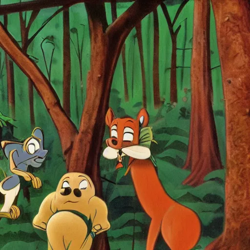 Image similar to 1940s disney film about talking forest animals super high detail