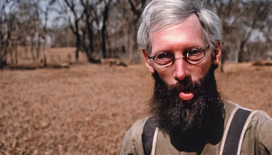 Image similar to far view, extremely skinny malnourished mitch mcconnell with long beard, wearing dirty overalls, dirty greasy face, grin, portrait, close up, kodak gold 2 0 0, 5 0 mm,
