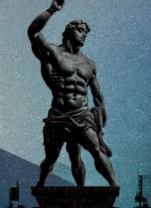 Prompt: statue of victorious hercules, beeple, vaporwave, retrowave, abstract neon shapes, tonal separation, black background, glitch, pixel sorting, strong contrast, pinterest, trending on artstation