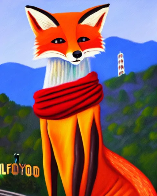 Image similar to oil painting portrait of anthropomorphic female fox animal dressed in sweater and scarf, fox animal, hollywood sign in background, location movie studio, oil painting,