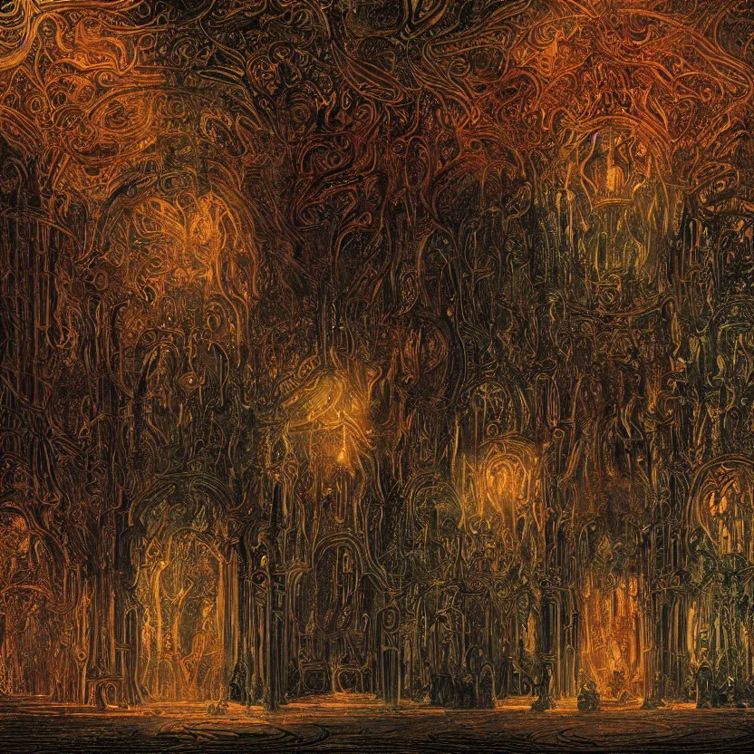 Prompt: dark baroque neoclassicist cathedral halls ornately decorated with filigree and sci - fi colorful alien organic textures. close - up view, detailed iridescent textures. glowing fog, dark black background. highly detailed fantasy science fiction painting by moebius, norman rockwell, frank frazetta, and syd mead. rich colors, high contrast