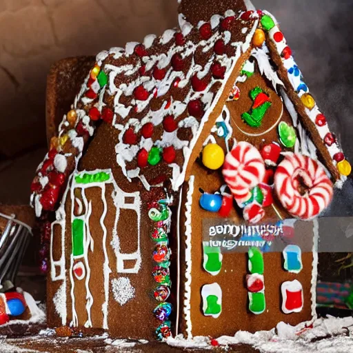 Image similar to gingerbread house arson scene, high resolution news photo