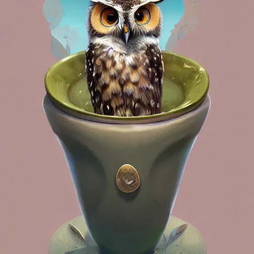 Image similar to long shot of a very cute young owl sitting in very beautiful cup, by esao andrews, by james jean, marc simonetti, by victo ngai, humorous illustration, hyperrealistic, big depth of field, fresh colors, dim light, 3 d octane render conceptart, 4 k, hyperdetailed, trending on artstation