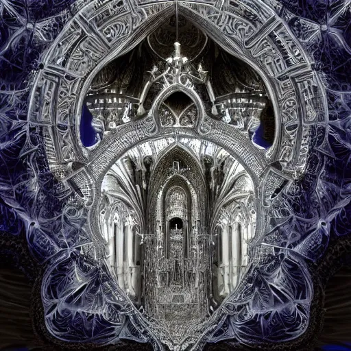 Image similar to a hyperrealistic 3 d render of a delicate ivory sculpture of an ornate detailed cathedral populated by mandelbrot fractals by android jones, micro detail, unreal engine, volumetric lighting, dramatic lighting, psychedelic, octane renderer, catholicpunk, glowing, white color scheme, photorealistic, physically based rendering, angelic, colorful, carved soap, trending on cgsociety
