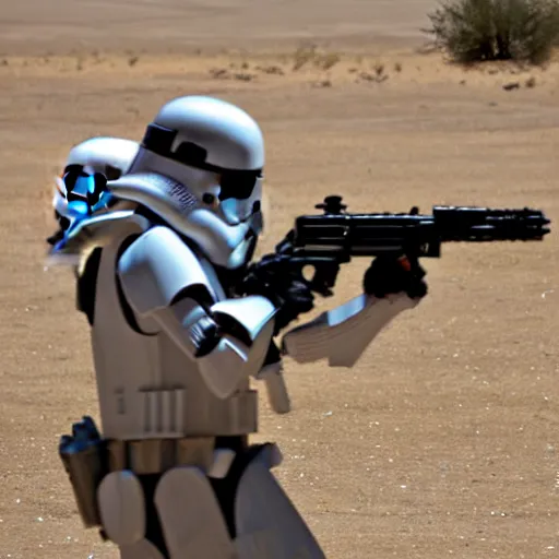 Image similar to Action shot of stormtrooper having a firefight with jedi knights, lightsabers and lasers, desert