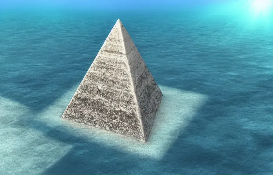 Prompt: a realistic cell - shaded cartoon showing a white pristine pyramid underwater at the bottom of the sea. shafts of sunlight come from above. wide shot, very dull muted colors, hd, 4 k, hq